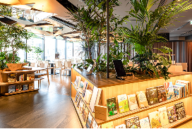 ライトアップされた棚には沢山の本が並べられ、植物なども飾られた店内。奥にはテーブル席もある。