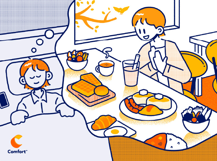 明日の朝食を楽しみにしながら心地よく眠りにつく女性のイラスト