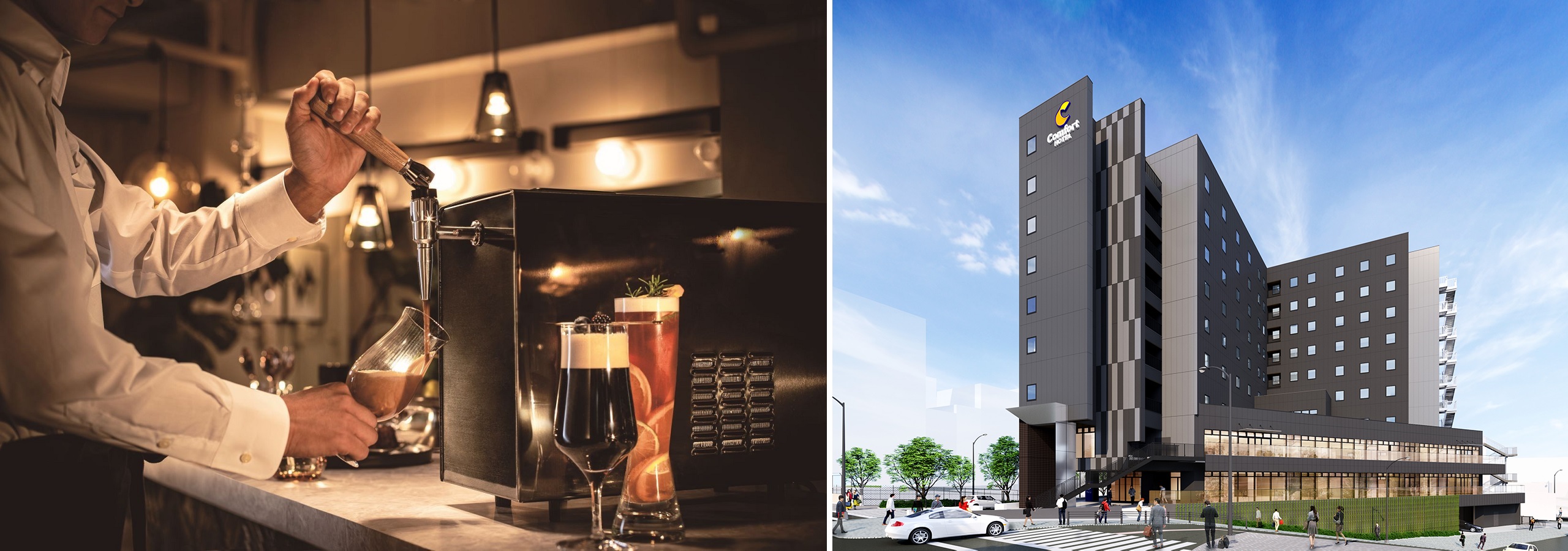 (左)イベントで振る舞われるドラフトコーヒー ※イメージ (右)10月14日に開業するコンフォートホテル名古屋金山