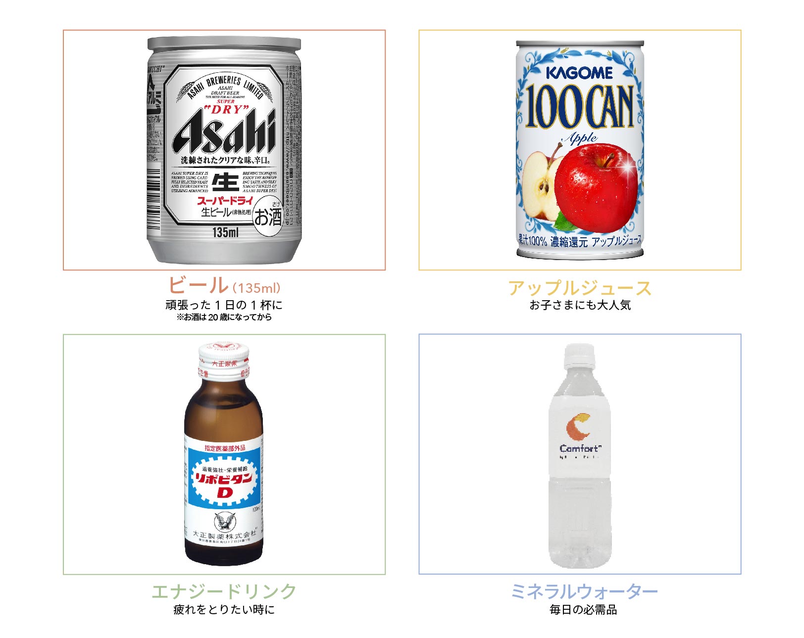 ビール、アップルジュース、リポビタンD、ミネラルウォーター