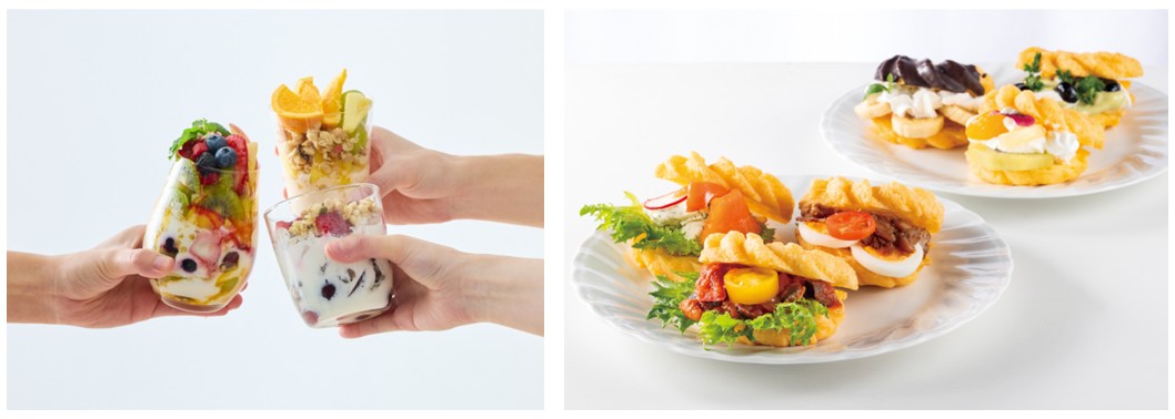 （左）野菜やフルーツをトッピングしたパフェ風サラダ　（右）お好みのスタイルで楽しめるフレンチクルーラーのオープンサンド
