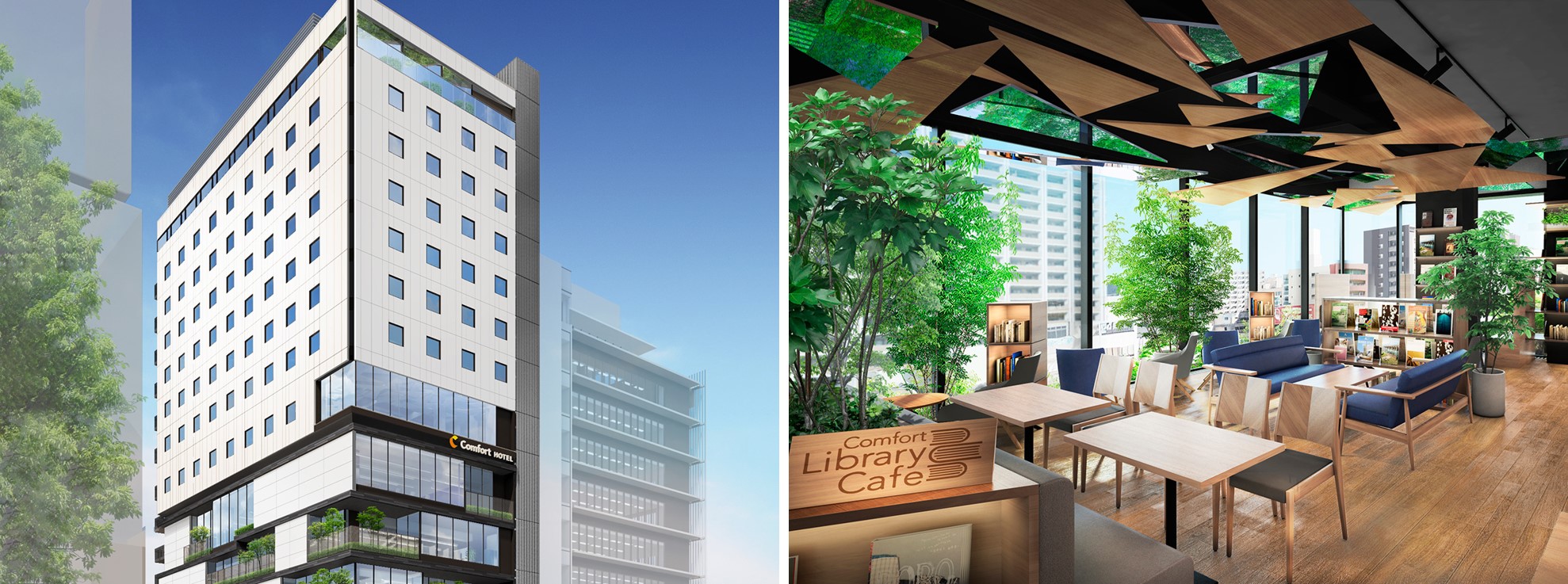 （左）コンフォートホテル四日市　外観／（右）Comfort Library Cafe