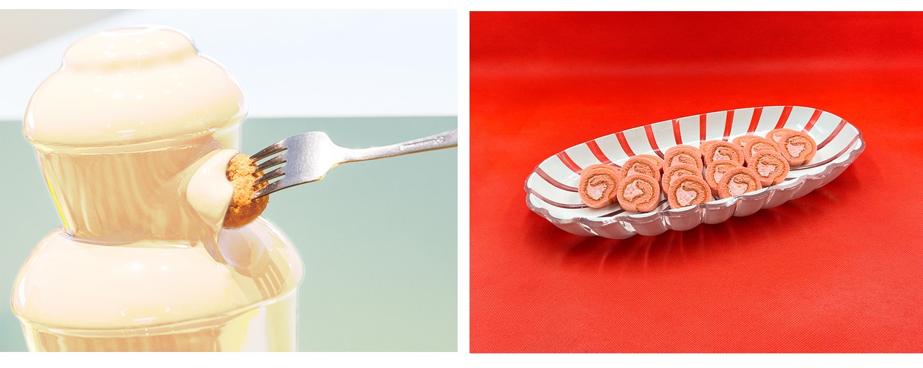 (左)ホワイトチョコファウンテン (右)ストロベリーロールケーキ