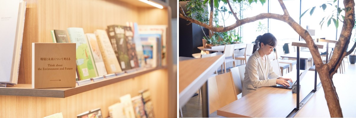 （左）「環境と未来について考える」をテーマにした本や、三重や旅にまつわる本を300冊以上取り揃えています／（右）手元を照らすライトやコンセント備え、仕事も読書もしやすい環境です