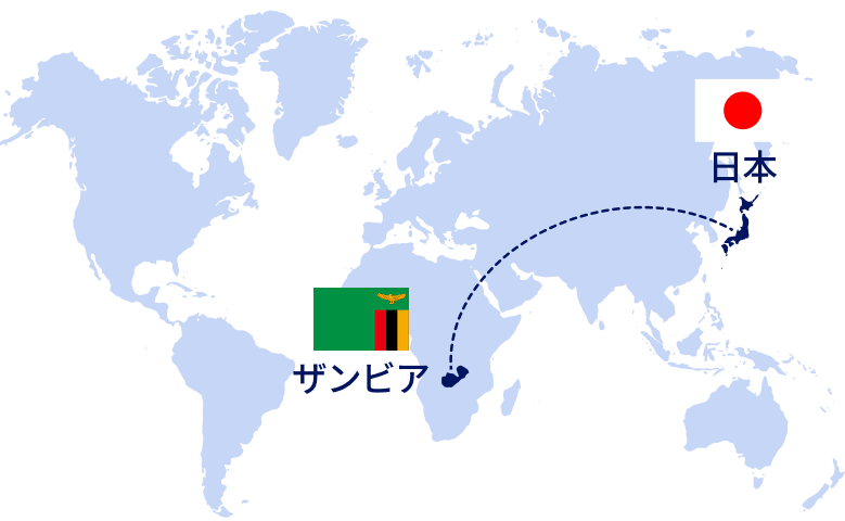 世界地図に日本とザンビアの位置が示され、両国を結ぶ点線の矢印が描かれている。両国の国旗と名前が添えられている。