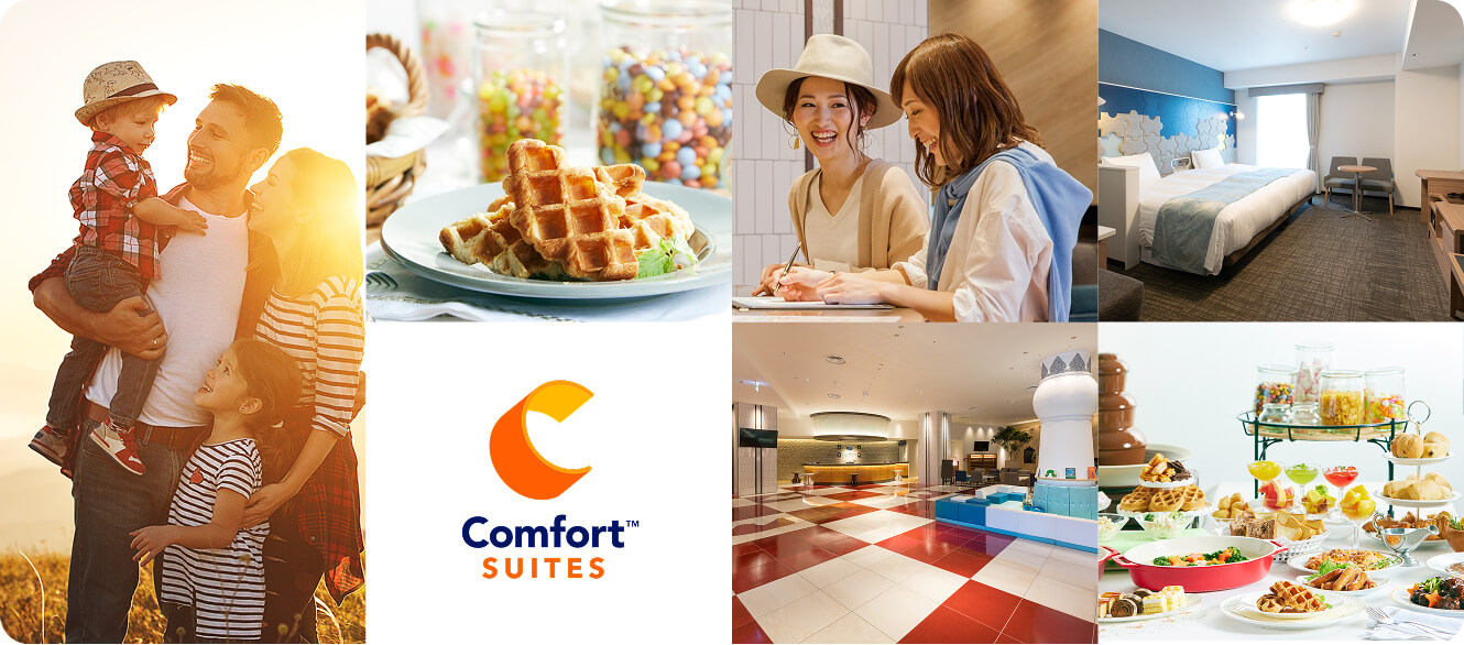 「Comfort Hotel ERA」の雰囲気を伝えるコラージュ。女性2人の旅行風景、清潔感のある客室、カップルでのスマホ確認、果物たっぷりの朝食、読書ができるラウンジスペース、バリエーション豊かなビュッフェメニューなどが並ぶ。