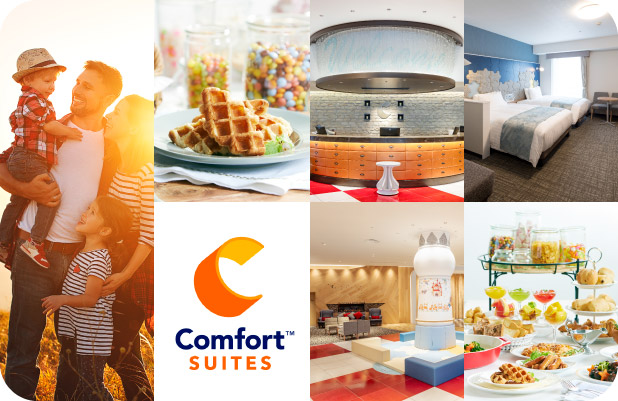 「Comfort Hotel ERA」の雰囲気を伝えるコラージュ。女性2人の旅行風景、清潔感のある客室、カップルでのスマホ確認、果物たっぷりの朝食、読書ができるラウンジスペース、バリエーション豊かなビュッフェメニューなどが並ぶ。