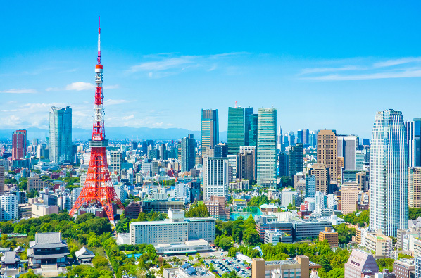 東京タワーと高層ビル群が広がる東京の街並みのパノラマビュー。